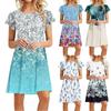 Женское летнее винтажное свободное платье с баской и короткими рукавами с круглым вырезом и принтом