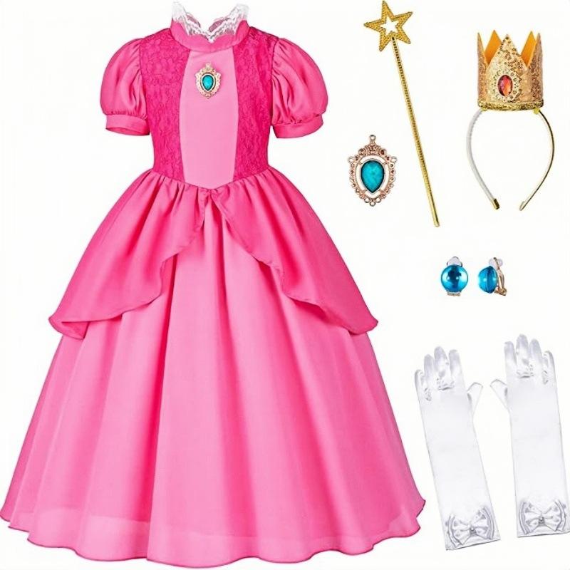 Princess Peach Dress Girls Birthday Party Costume Peach Princess Dress Cosplay Outfit for Kids