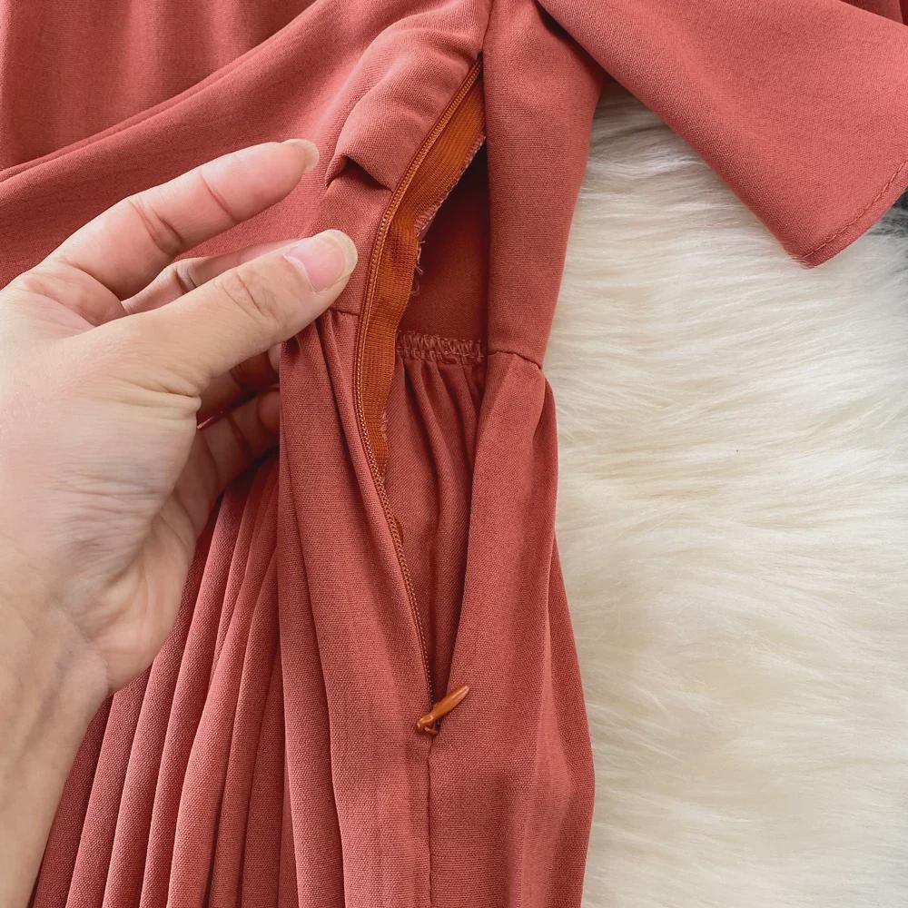 Летнее платье миди с V-образным вырезом и короткими рукавами 2022 года с заниженной талией и плиссировкой