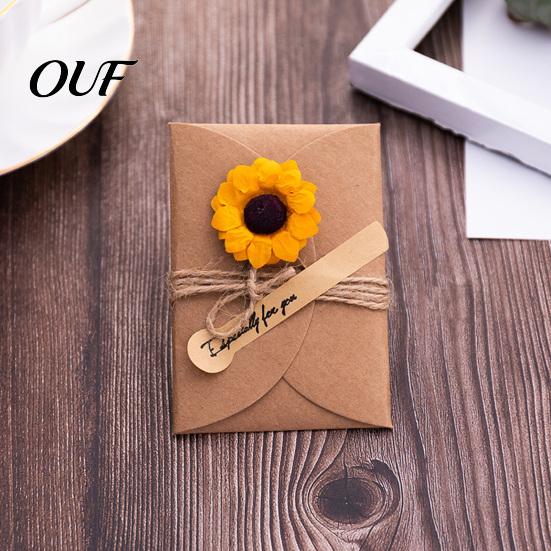 Romantic Sunflower Rose Greeting Cards 5Pcs DIY Dried Flower Cards, Handmade Note with Artificial Flowers, Jute Twine Customizable Floral Stationery