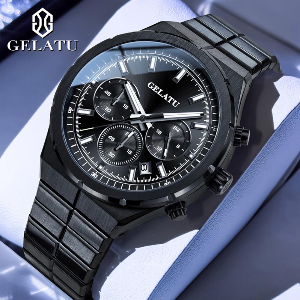 GELATU 8001 Man Watch Solid Stainless Strap Waterproof Luminous Classic Chronograph Quartz Watches for Men High-end Men's Watch
