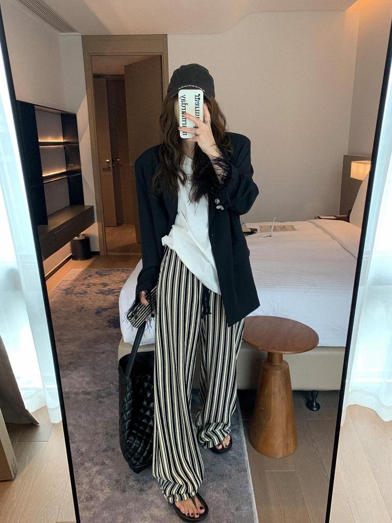 Женские брюки больших размеров в вертикальную полоску, с высокой талией, стройнящие, повседневные, длиной до пола, летние