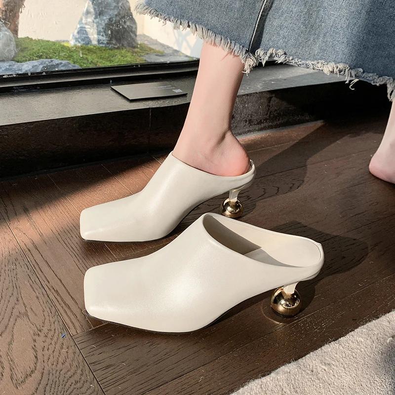 Fashion Square Toe Elegant Women Slippers Fad Mid Heels Leather Sandals Mule Shoes 2025 New Trend Spring Designer Dress Femme Chaussures