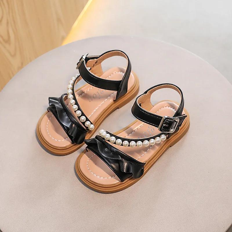 Children's Sandals Sweet Ruffles Beading Girls Princess Causal Wedding Sandals Trendy Elegant Kids Open-toe Sandals Shoes I03051