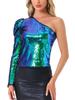 Allegra K Women's Shiny One-Shoulder Sequin Puff Sleeve Long Shimmer Top In Green, Size M