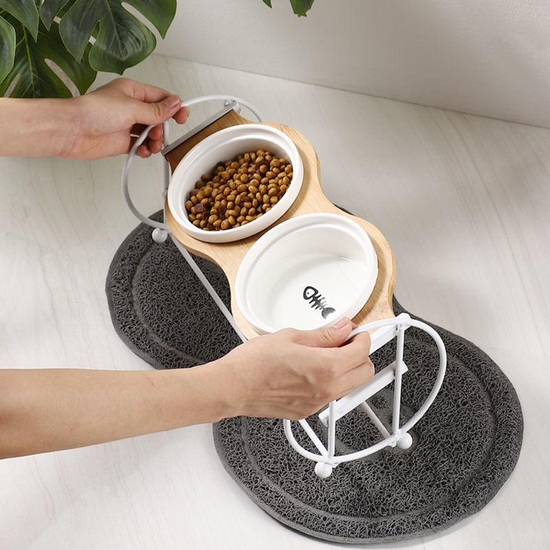 Керамическая миска для кошек Двойная миска Миска для кошачьего корма Высокая Подставка из массива дерева для мисок для собак Миска для еды и питья Наклонная Защита шеи Миска для кошачьего корма