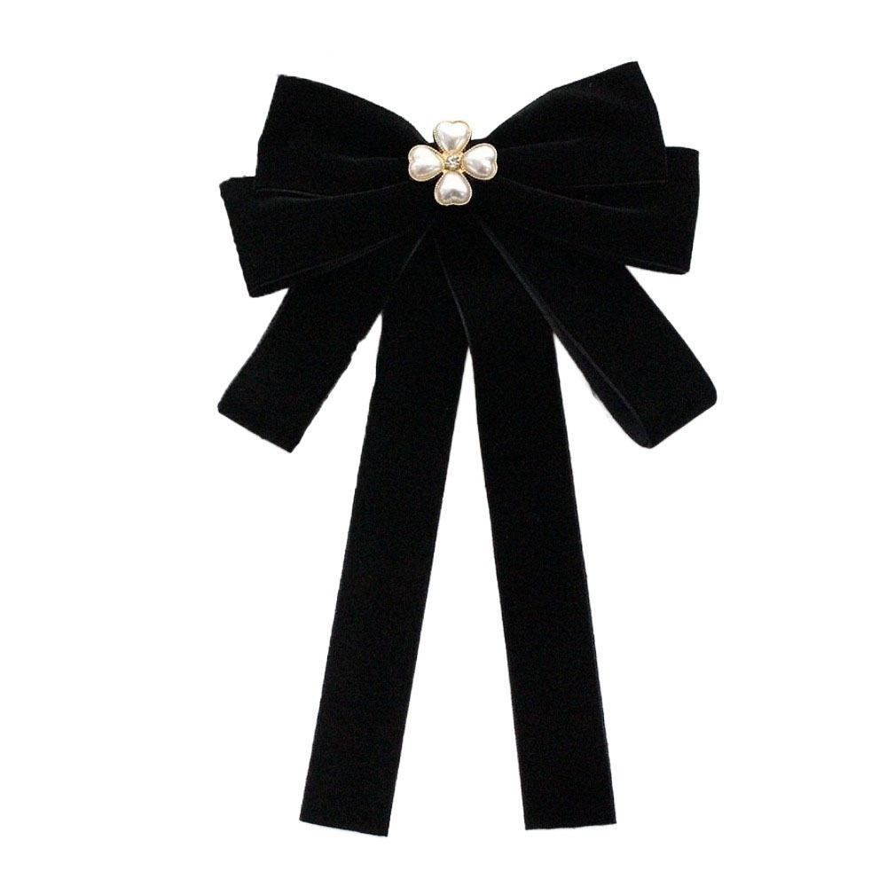 Simple Velvet Black Ribbon Pin Rhinestones Beads Black Bow Necktie Pin Pearl Funerals Memorial Pin Men