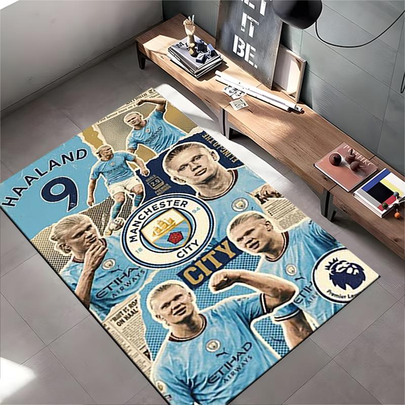 Sports Area Rug, Erling Haaland Manchester City 9 Retro Collage Poster, Fan Cave Decor, Non-Slip Mat
