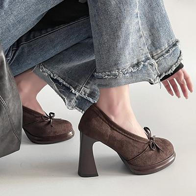 Винтажные туфли на толстом каблуке с бантом, супервысокие каблуки, летний темперамент, замшевая модная обувь Мэри Джейн с круглым носком для женщин