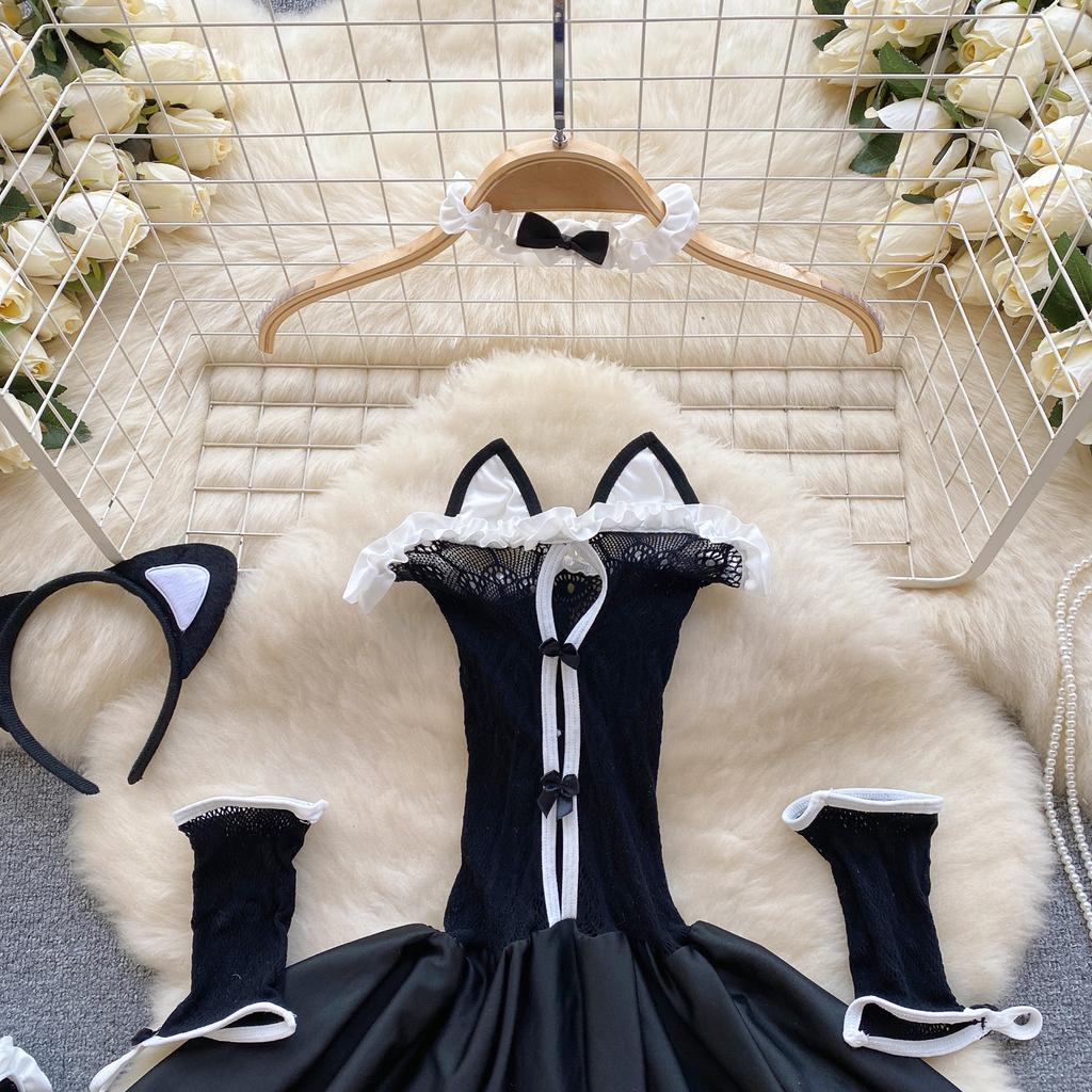 Japanese Cute Cat Erotic Night Dress Women Strapless Slim Bow Backless Nightwear Playsuits Female Hollow Out Sheer Uniform Sexy Pajamas 2024