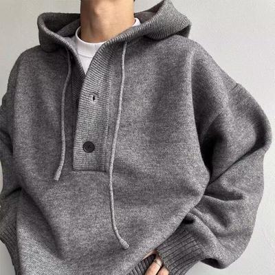 Мужской осенне-зимний кросс-граничный вязаный свитер с капюшоном Cleanfit - Свободный, ленивый стиль, полузастежка-пуговицы