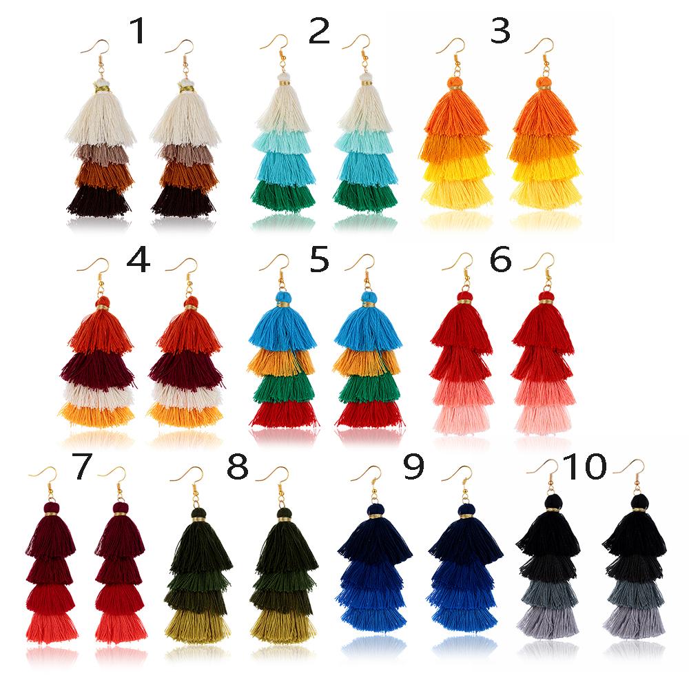 Ethnic Gradient Boho Ear Stud Dangle Drop Earrings Multilayer Drop Long Tassel Earrings Bohemian