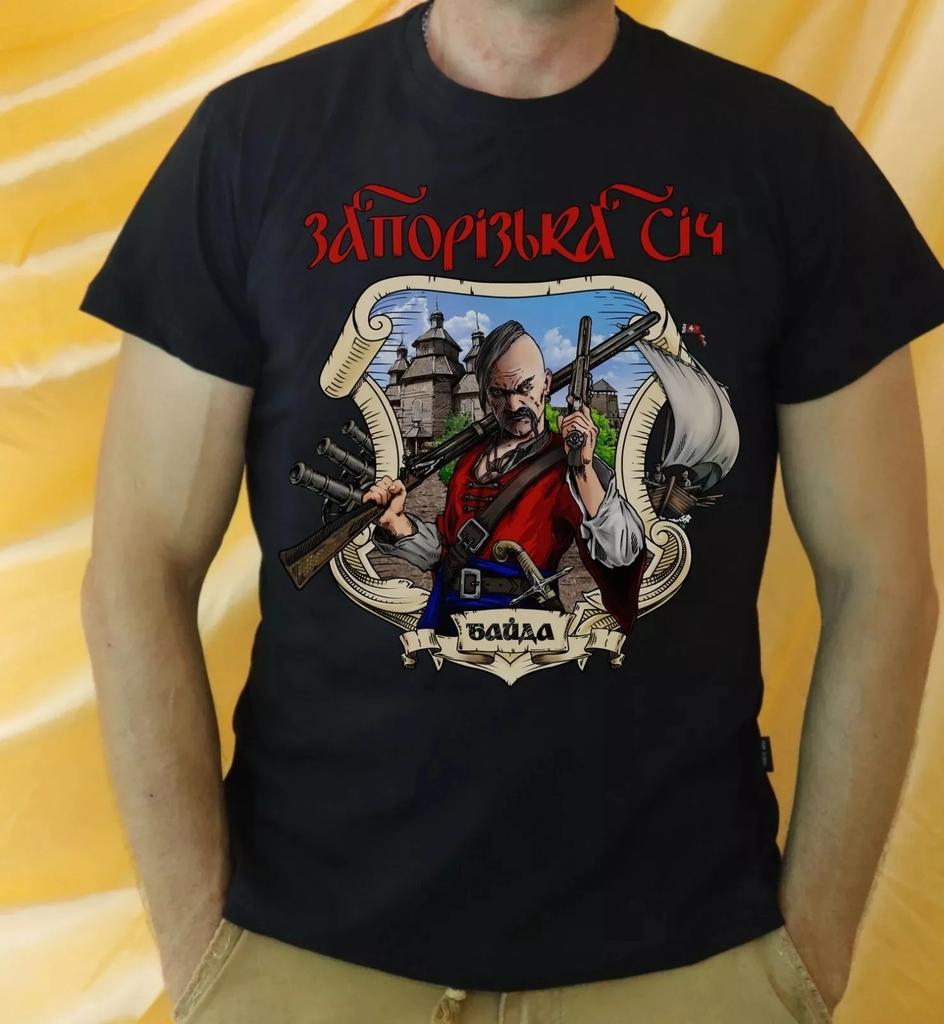 Футболка с изображением казака-воина Запорожской Сечи на реке Днепр 100% Хлопок Круглый вырез Короткий рукав Летняя Повседневная Унисекс Футболка Размер S3XL
