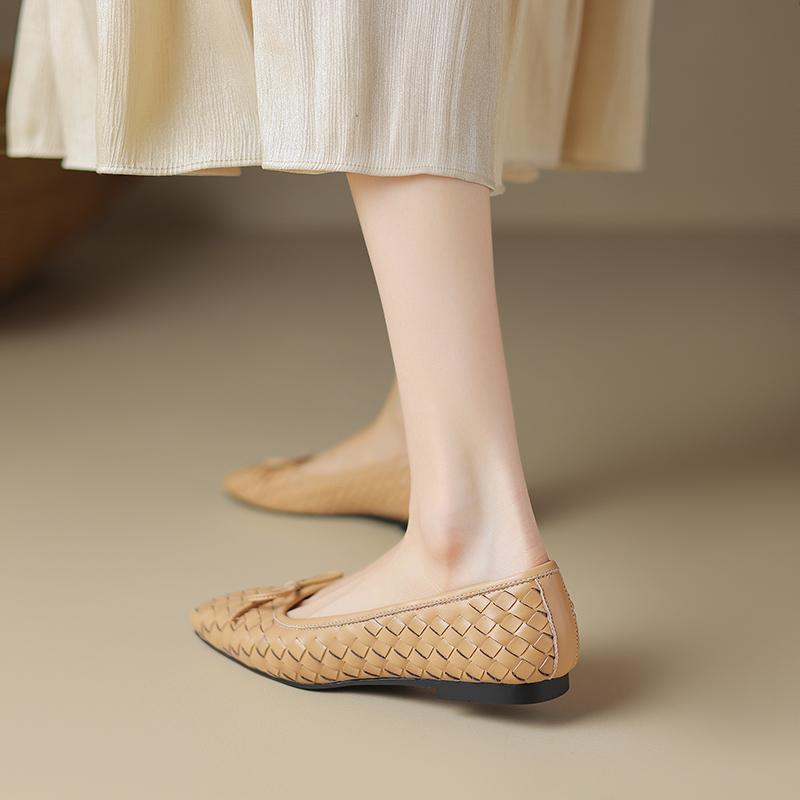 Модные ретро туфли на плоской подошве с квадратным носком, плетеные туфли 2024 года, новые женские удобные мягкие балетки из натуральной кожи на низком каблуке