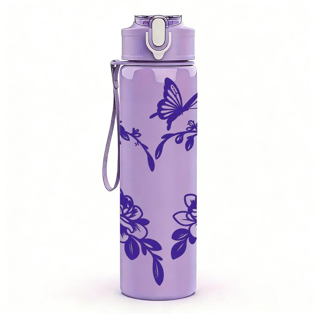 1PC Purple Floral Wreath Heart 750ml Color Plastic Sports Water Bottle Leakproof Flip Straw Lid Suitable for Sports Office Home Use