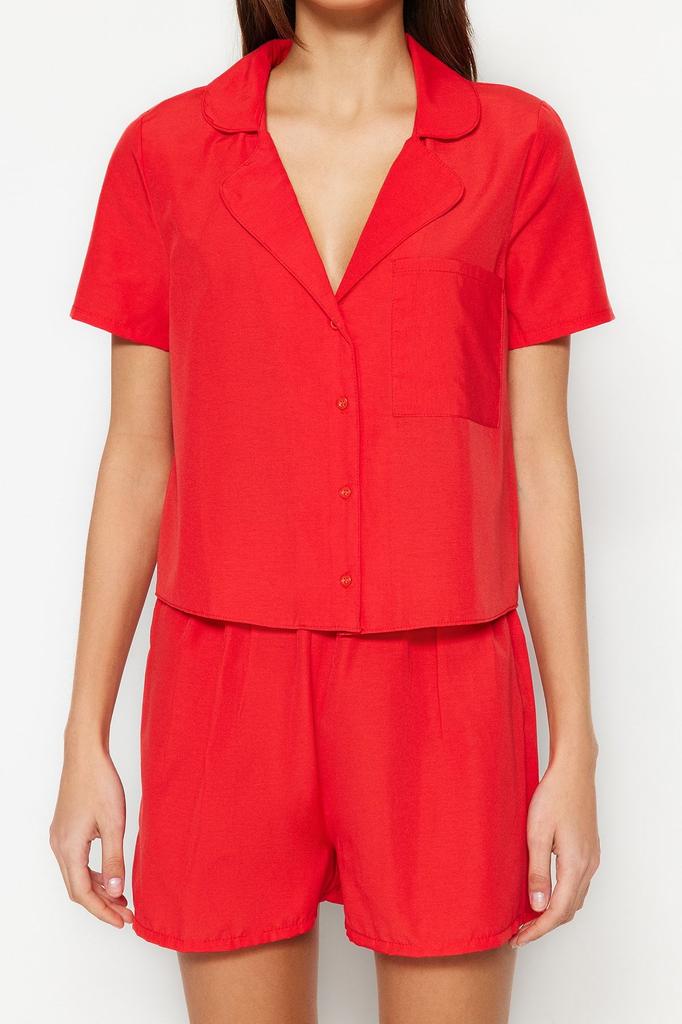 Women's Fashion Green Terrycotton Shirt-Shorts Woven Pajama Set