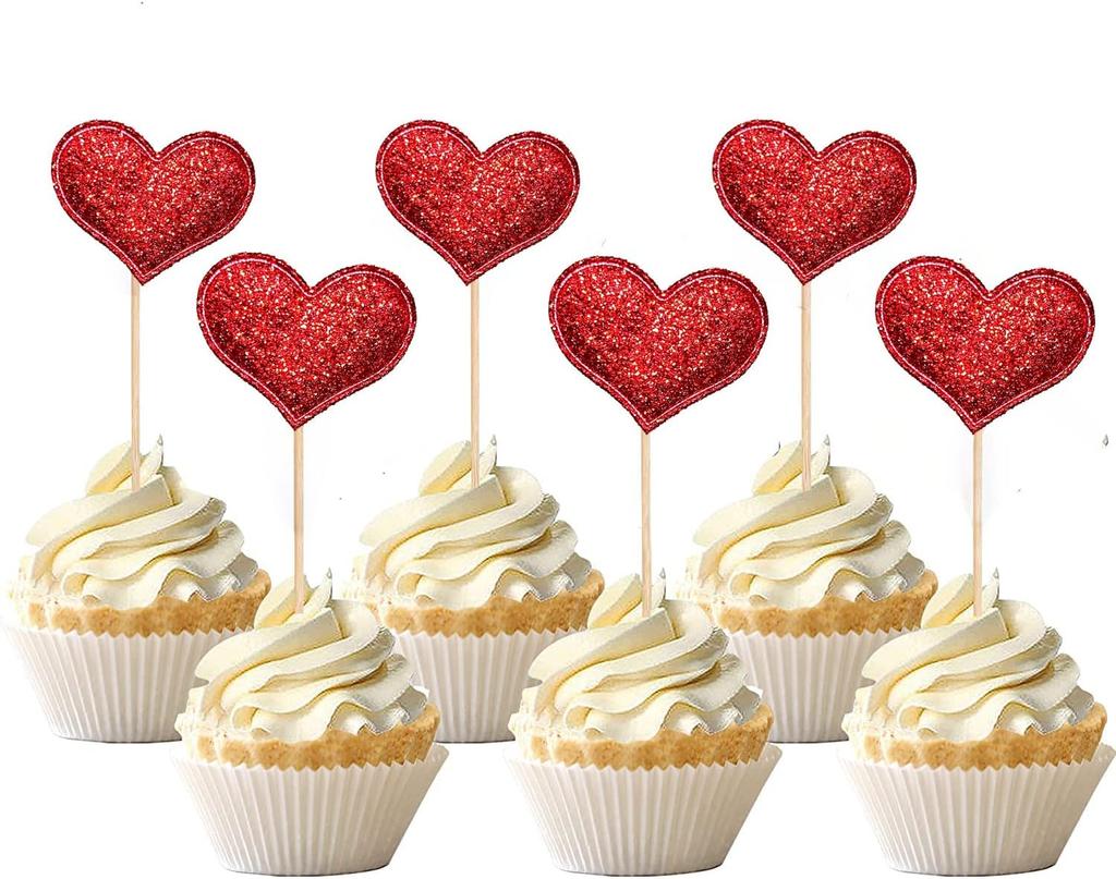 100pcs Glitter Pink Heart Cake Toppers Heart Cupcake Toppers Valentine's Day for Sweet Love Theme Wedding