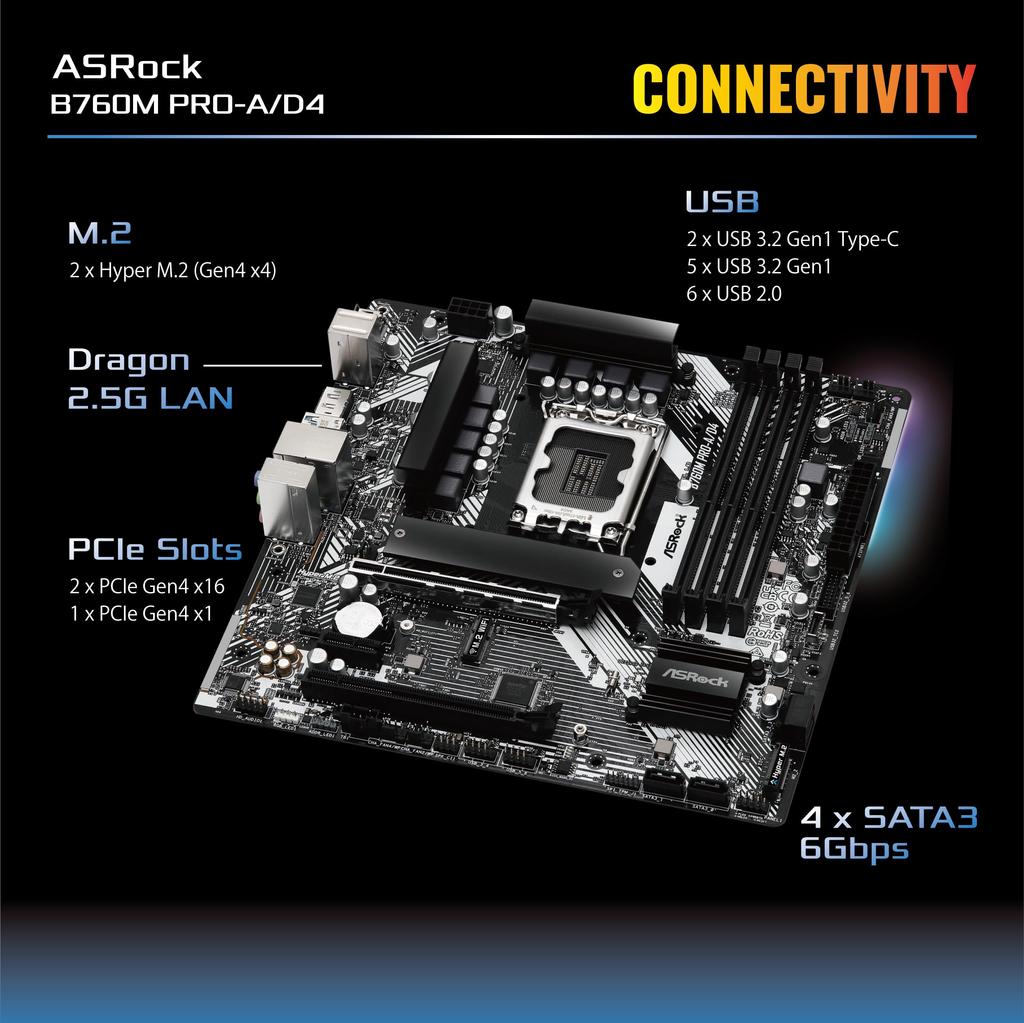 ASRock Motherboard B760M Compatible with Intel 12th and 13th Generation CPU B760 Chipset DDR4 Micro ATX Motherboard Authorized Distributor Pro-A/D4