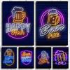 Neon Effect Beer Happy Hour Pub Poster Print Canvas Painting Wall Art Picture For Bar Living Room Home Decoration NO LED