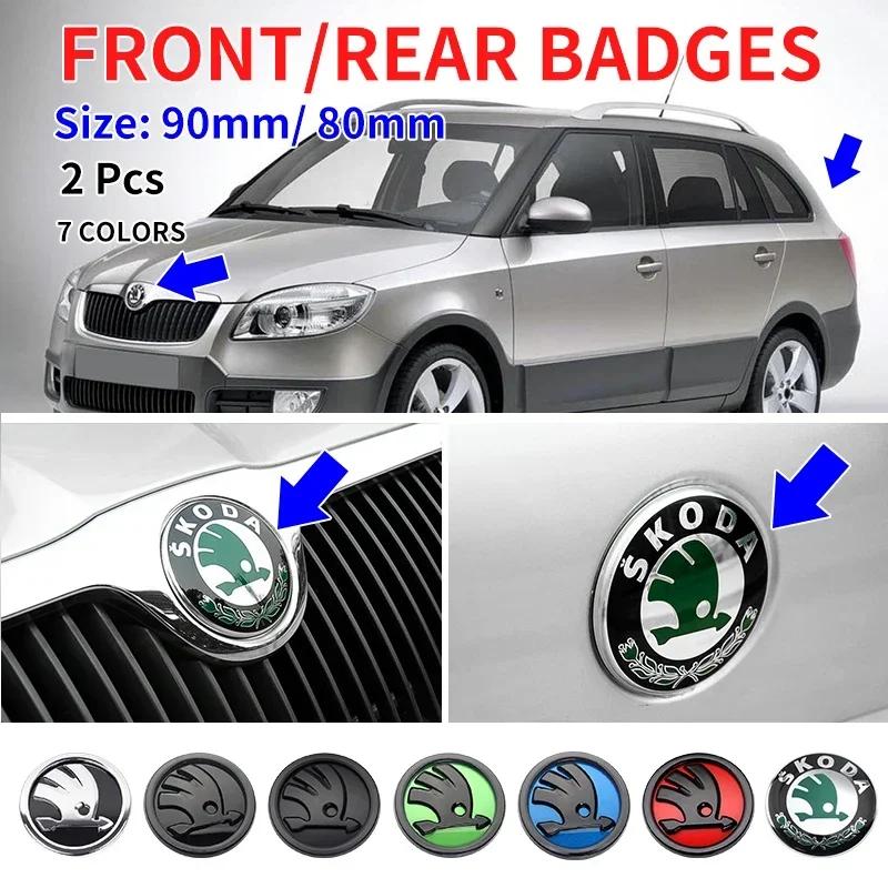 ZDVK6 2pcs 80mm/90mm 3D Car Emblem Badge Hood Front Rear Trunk Logo For Skoda Fabia 1 2 Octavia a7 RS Superb Rapid Yeti Karoq Vision