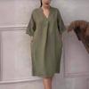 Women's Cotton Linen Solid Color Casual V-neck Elegant Long Casual Dresses