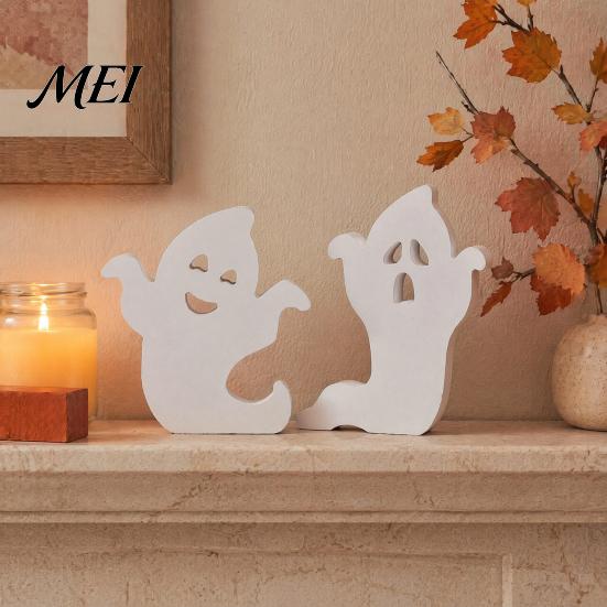White Ghost Figurine for Home Cute Halloween Wooden Table Sign, Spooky Standing Decorative Entryway Block Sign Holiday Tiered Tray Centerpiece, Indoor