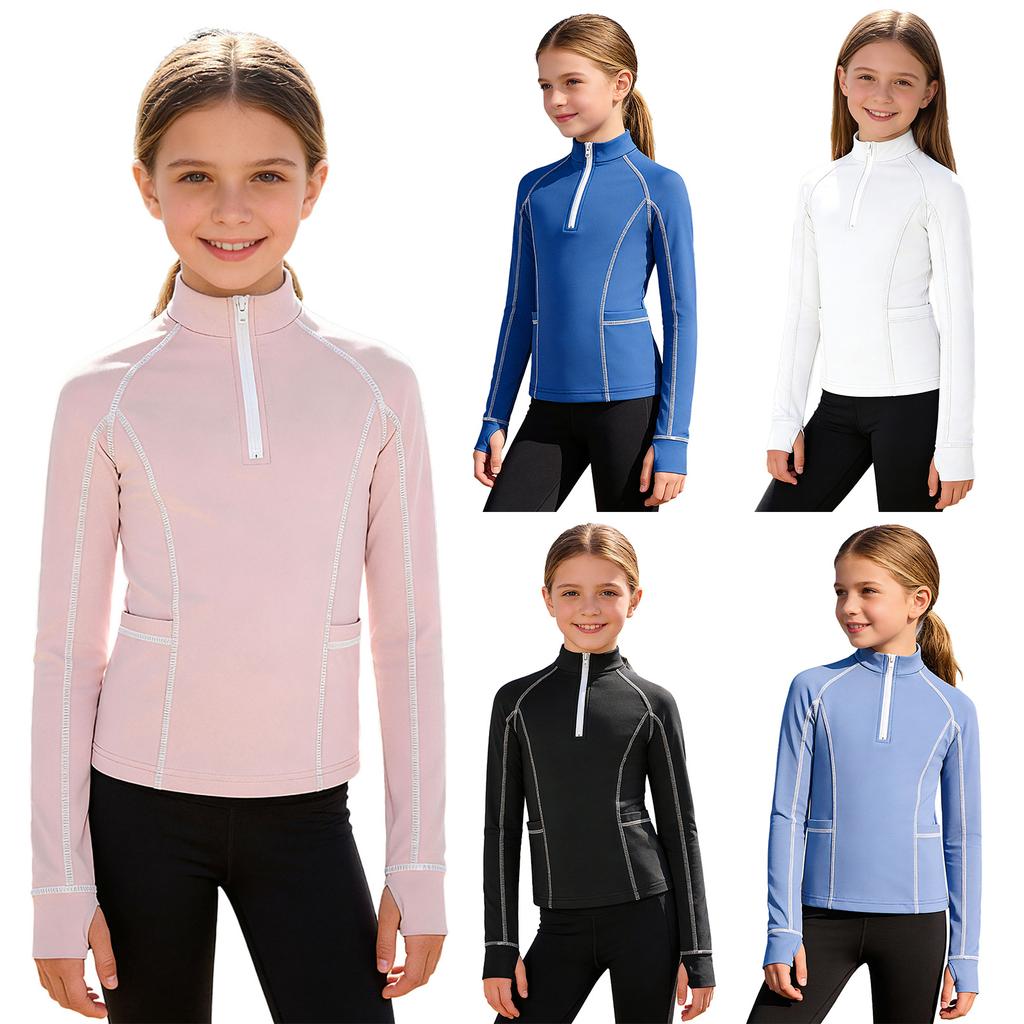Детская рубашка для девочек для верховой езды: Свитшот с воротником-стойкой, длинными рукавами, на молнии, с отверстиями для больших пальцев и карманами, топ для конного спорта