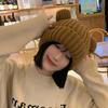 Women Chunky Bear Ear Knit Hat 2025 Korean Loose Slouchy Winter Cap Faux Fur Ears Thermal Ear Flap Beanie
