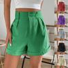 Women's Solid Shorts Casual Shorts Cotton Linen Trendy Fold High Waisted Button Zipper Elastic Waist Shorts With Pockets