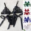 2 Pcs/Set Bra Panties Set Lace Uo Bow-knot See-through Lace V Neck Spaghetti Strap Three Point Pornographic