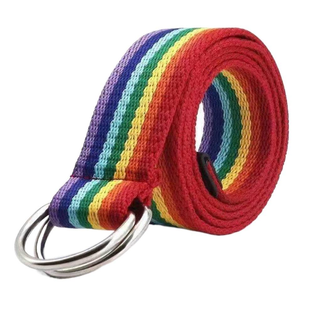 D-shaped Buckle Rainbow Canvas Belt Long Canvas Waist Belt Retro Men Belt For Jeans