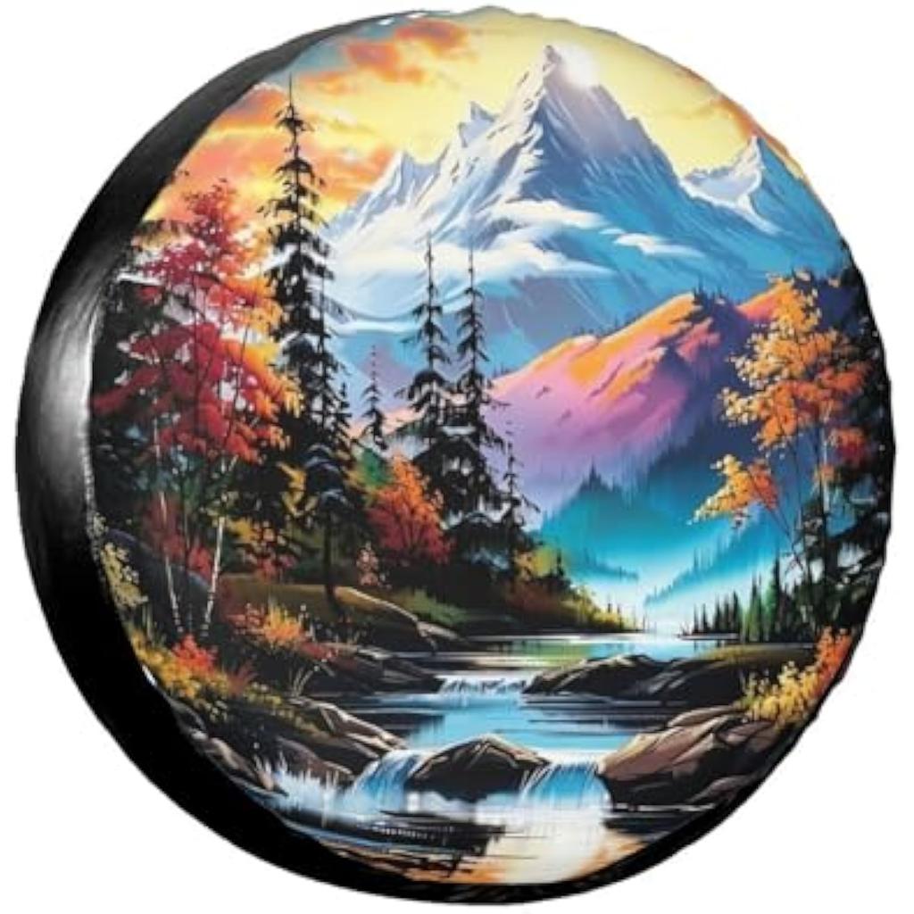 Mountain Sunset Stream Spare Tire Cover Polyester Fiber Waterproof Universal Fit for Trailer Camper RV SUV Wheel Protector