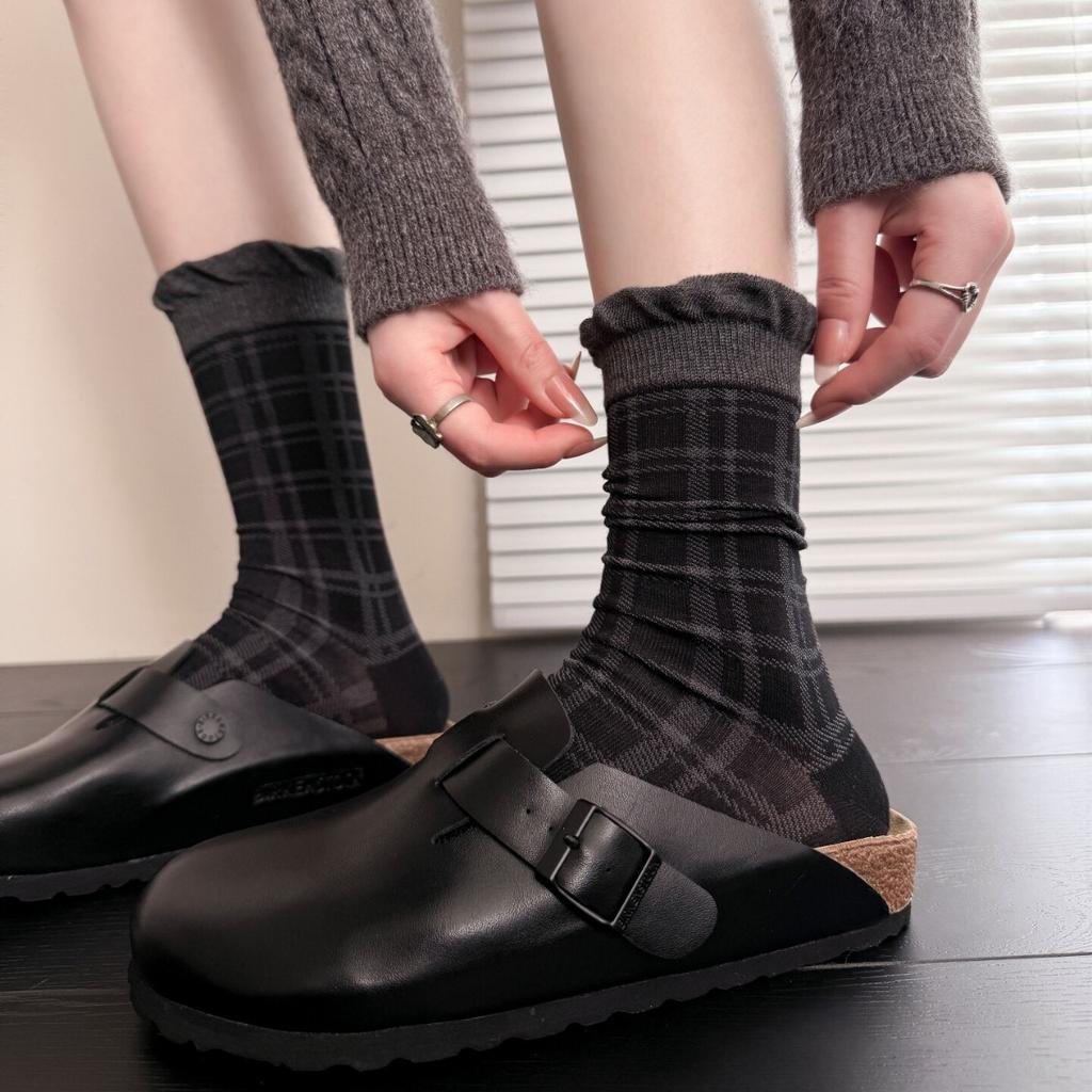 Retro Plaid Lace Stacking Socks Children Spring And Summer Thin Thin High-End Versatile Contrasting Color Boneless Medium Tube Socks