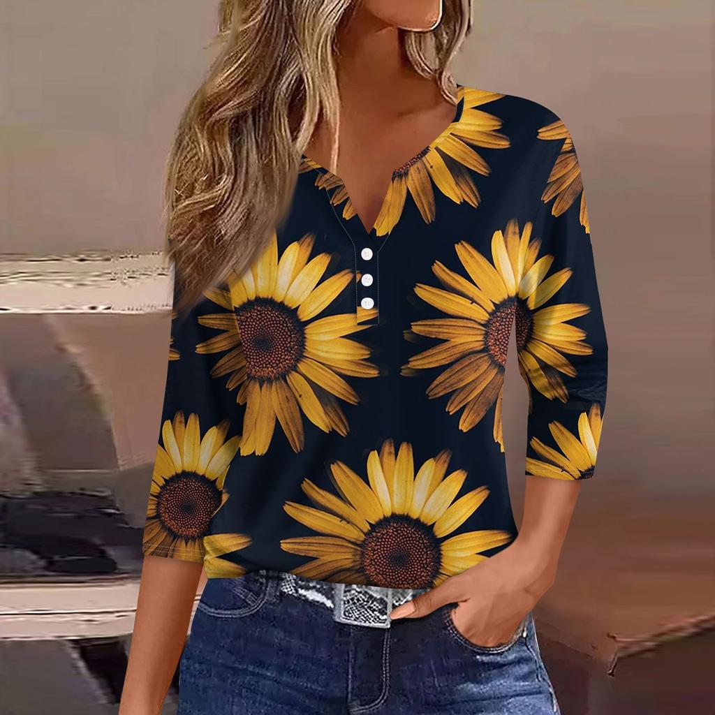 Жен. Футболка Футболка С принтом Пуговицы Рукав 3/4 Повседневные Выходные Мода Классический Классический V-образный вырез Обычный Верх