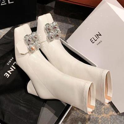 Квадратная головка короткие сапоги женские интернет знаменитости стразы толстый каблук высокие каблуки лакированная кожа тонкие универсальные маленькие трубчатые эластичные сапоги