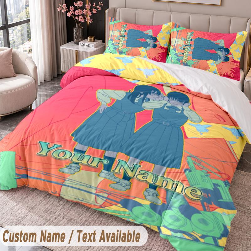 Custom Name Text 3Pcs Bedding Set Chainsaw Man Duvet Cover And Two Pillowcases