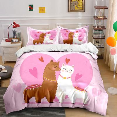 Cute Alpaca Couple Pink Hearts Bedding Duvet Cover Set Duvet Cover Pillowcases (1*Duvet Cover 2*Pillowcases, Without Duvet Insert)