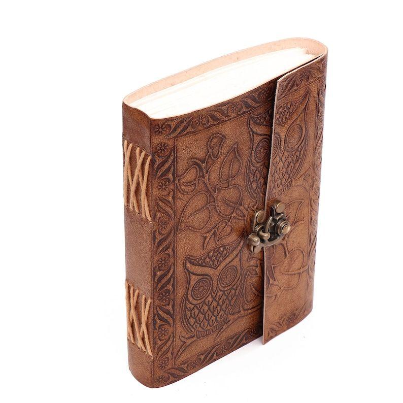 Owl Embossed Leather Notebook with Lock Off White Handmade Unlined Paper Diary 5x7 Inches for Men and Women and Gift & Travel In Brown Color