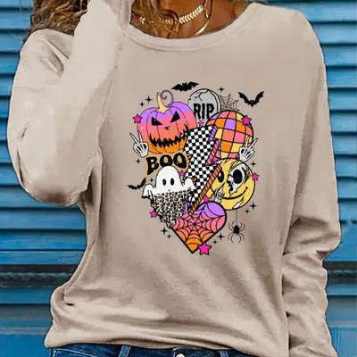 Топы для женщин Забавный принт на Хэллоуин с круглым вырезом и длинным рукавом Футболка Осенний повседневный тонкий пуловер Женский топ с длинным рукавом
