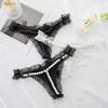 Women Thong Faux Pearl Lace Decor Spaghetti Strap Open Crotch Solid