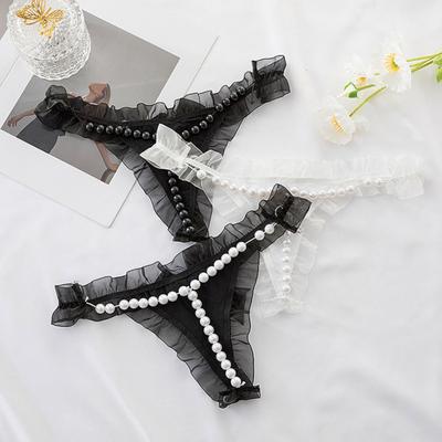 Женские стринги с искусственным жемчугом и кружевным декором, тонкие бретельки, открытая промежность, однотонные