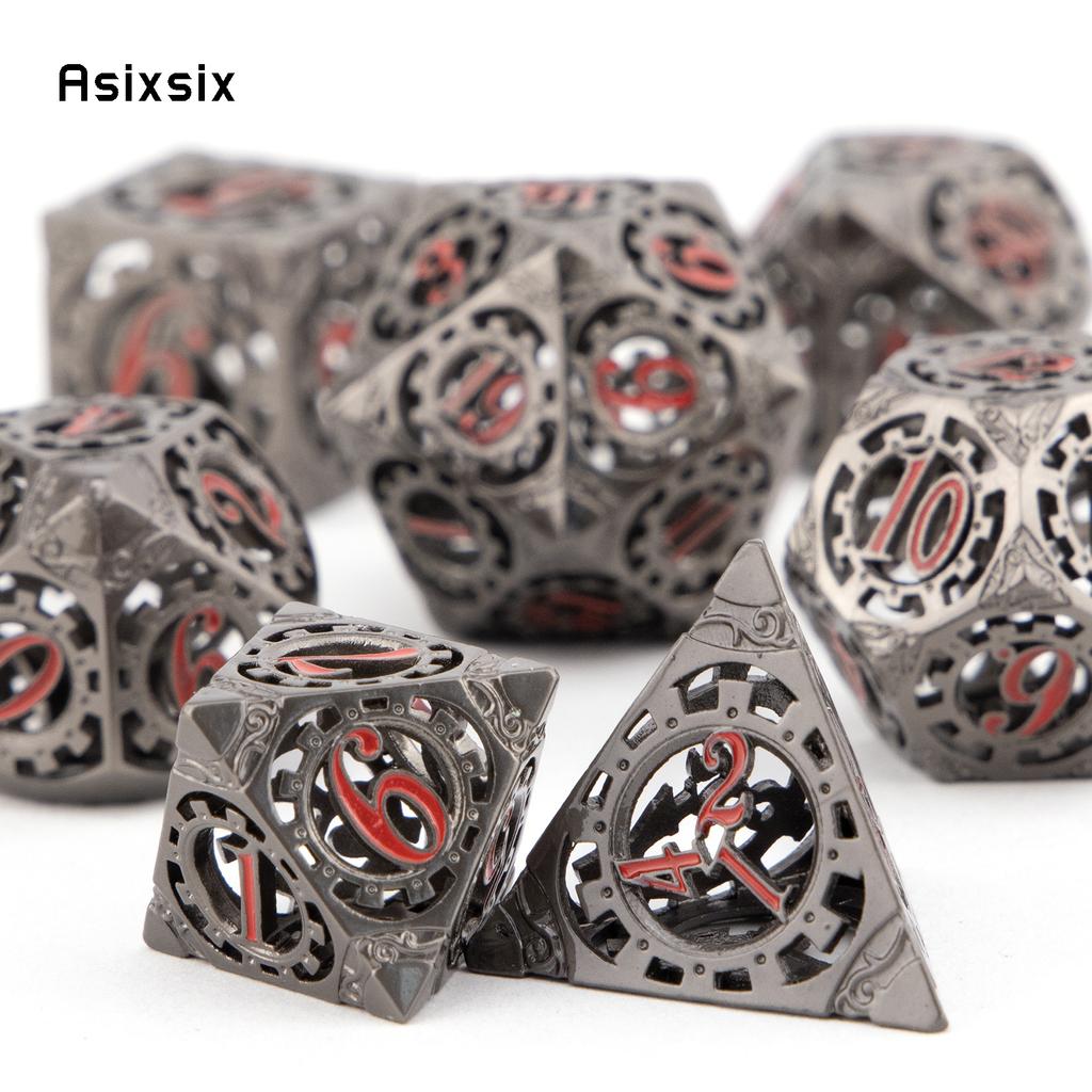 7 Pcs Black Red Gear Wheel Metal Dice Hollow Metal Polyhedral Dice Set Suitable for Role-Playing RPG Board Game Card Game