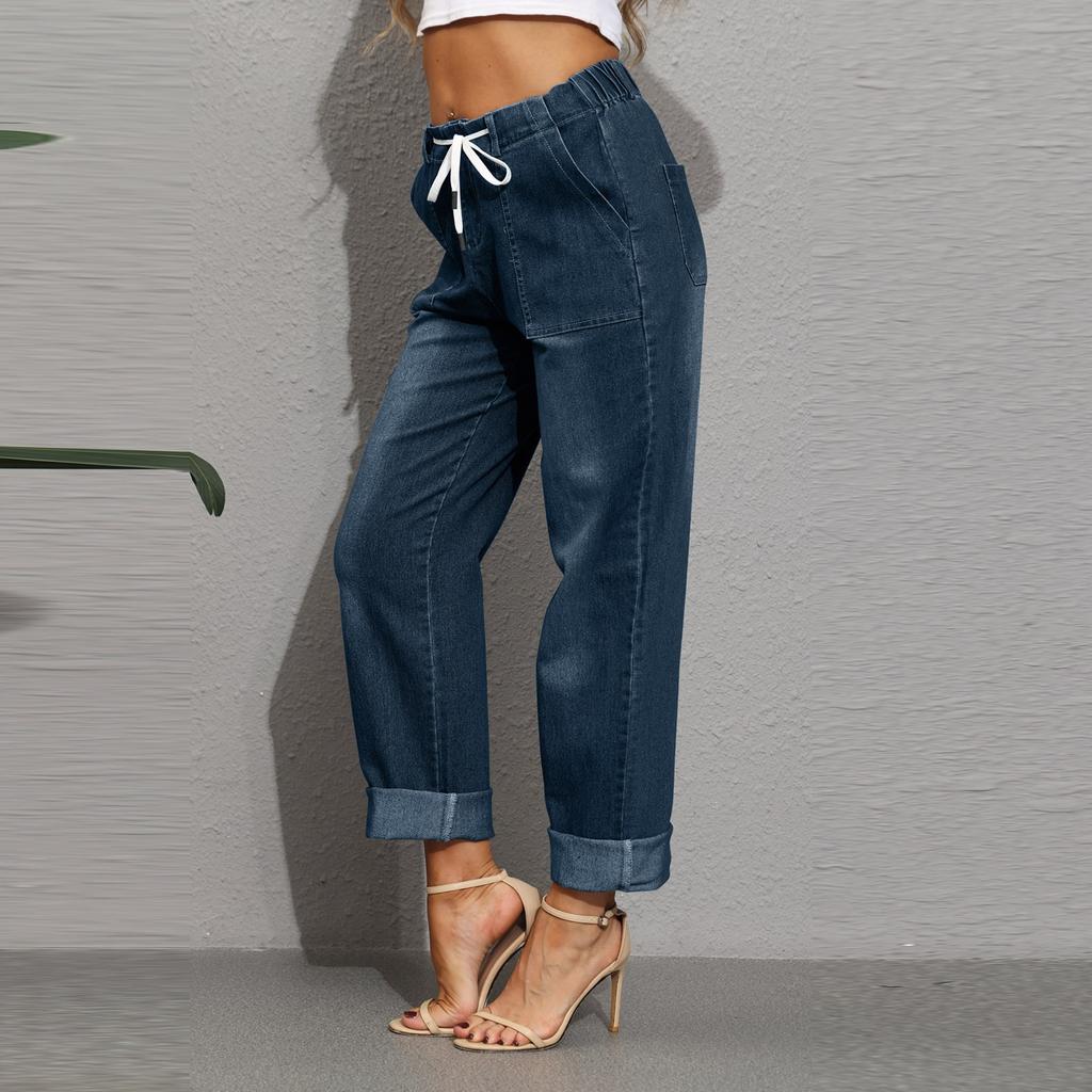 Women's Fashion Casual Pencil Pant Solid Color Elastic Waist Pocket Tie Jeans