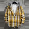 Men's  Casual Fashion  Printing Loose Lapel Hooded Plaid Long Sleeve Shirt  Jacket  Tops Blouse