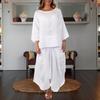 Women's Cotton Linen 2 Piece Set 3/4 Sleeve Crew Neck Blouse Irregular Midi Skirt Set Summer Casual Loungewear Outfit