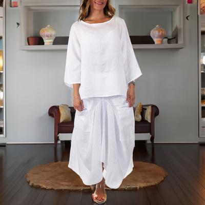 Женский комплект из хлопка и льна, 2 предмета, блузка с круглым вырезом и рукавом 3/4, асимметричная юбка миди, летний повседневный домашний наряд