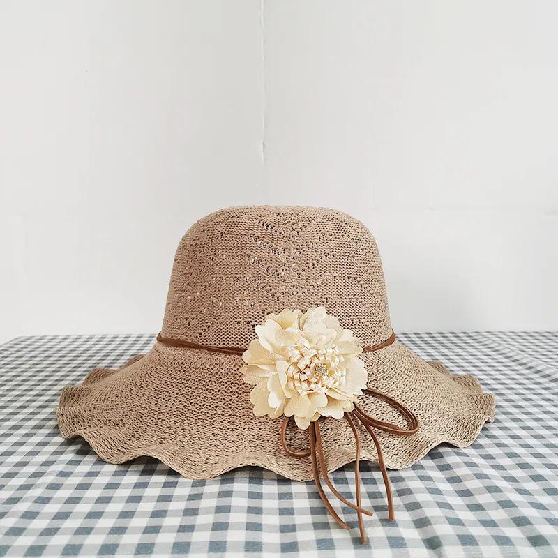 WTEMPO Solid Color Wide Brim Travel Beach Breathable Sun Hats Women's Spring Summer Foldable Sunscreen Hats with Flower