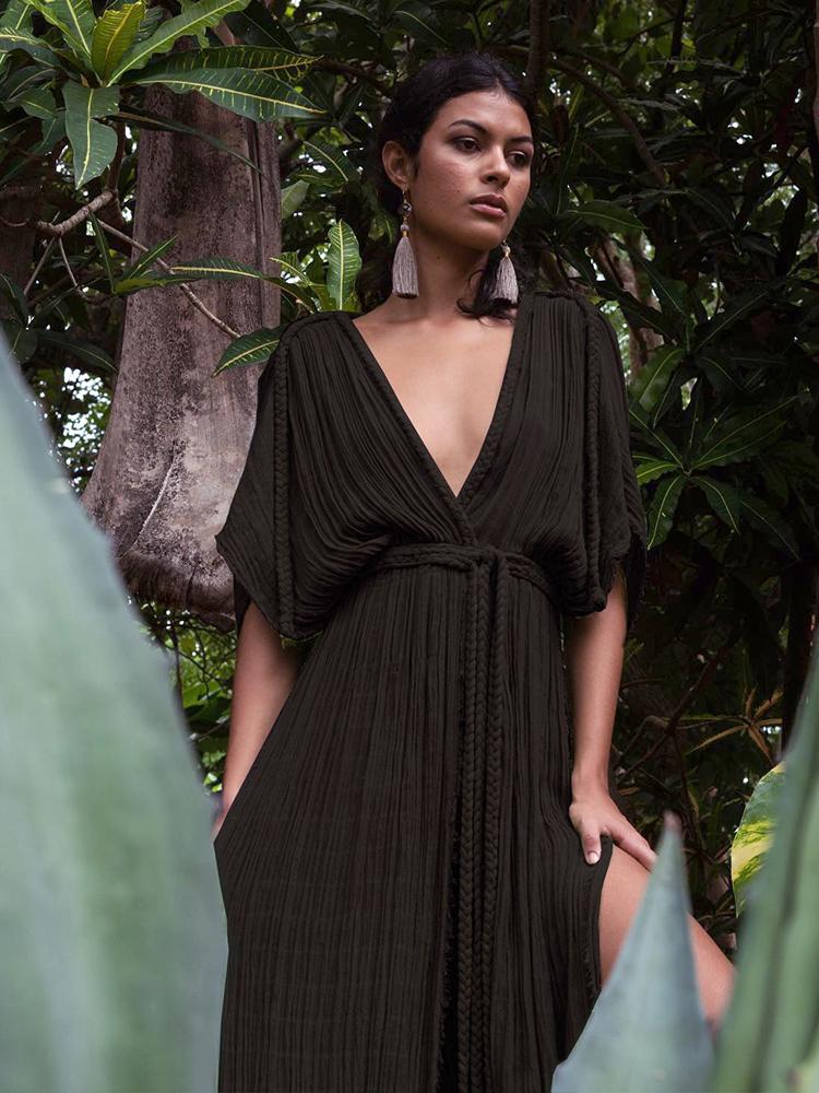 EDOLYNSA Элегантное женское платье знаменитостей с глубоким V-образным вырезом, вязаное плетеное веревочное летнее вечернее платье макси, туника, пляжная одежда, купальник, накидка A2848