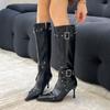 Women's Boots Fashion Stiletto Street Style Pointed Toe Rivet Belt Buckle Slimming Knee-High Boots with Zippers Women Shoes