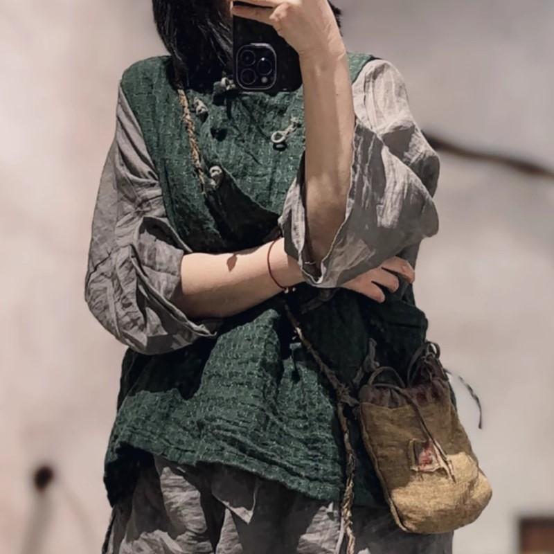 Johnature Women Vintage Vests Tops Autumn Solid Color Button Chinese Style High Quality Female Tops